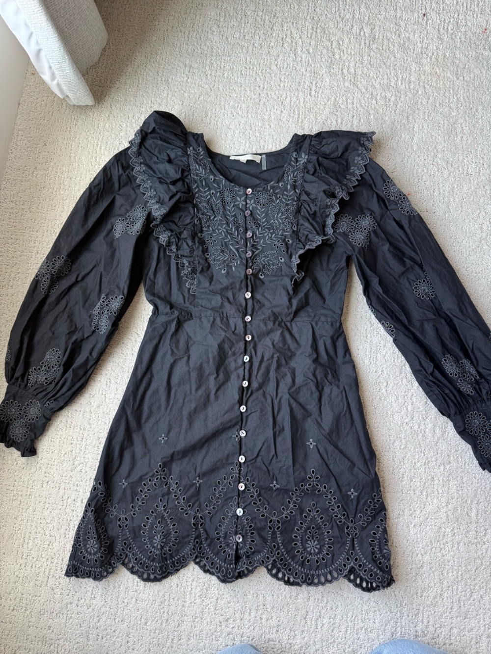 Live shack fancy Black Embroidered Ruffle Front Nightdress